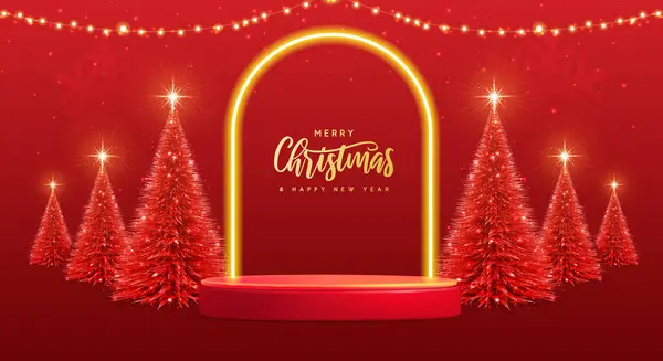 Fond Vitrine Noël Vacances Avec Podium Arc Néon Arbre Noël — Image vectorielle