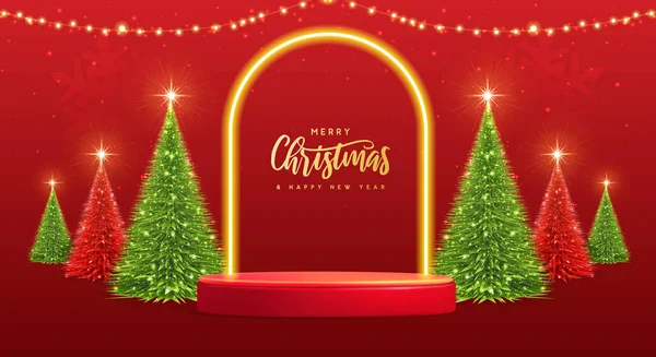 Weihnachten Vitrine Hintergrund Mit Podium Neon Bogen Und Weihnachtsbaum Vektorillustration — Stockvektor