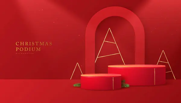 Vitrine Noël Vacances Fond Rouge Avec Podiums Arche Scène Minimale — Image vectorielle