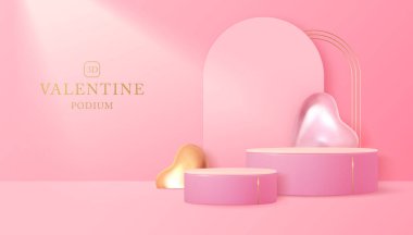 3D podyum, metalik aşk kalpleri ve kemer ile Sevgililer Günü arkaplanınız kutlu olsun. Vektör illüstrasyonu