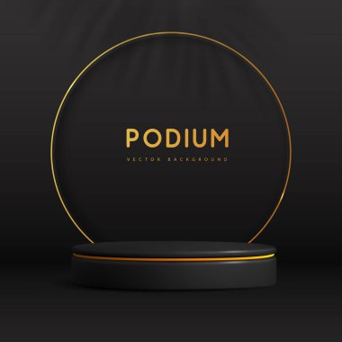 3D podyum ve altın desenli siyah vitrin. Kara Cuma. Vektör illüstrasyonu