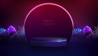 Floresan neon arka planda 3D podyum ve tropik yapraklarla. Yaz doğası kavramı. Vektör illüstrasyonu