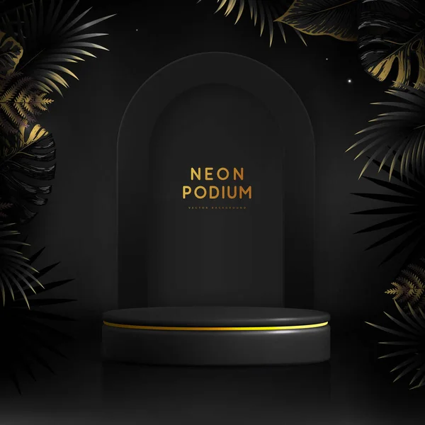 Fluorescent Black Neon Showcase Background Podium Tropic Leaves Summer Nature — Stock Vector