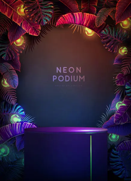 Fluoreszierende Neonvitrine Hintergrund Mit Podium Und Tropischen Blättern Sommerliches Naturkonzept — Stockvektor