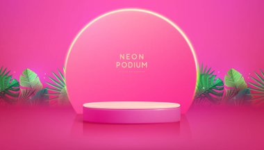 3 boyutlu podyum ve tropik yapraklı pembe sahne arkası. Yaz doğası kavramı. Vektör illüstrasyonu