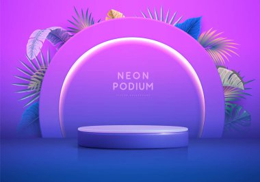 Floresan neon arka planda 3D podyum ve tropik yapraklarla. Yaz doğası kavramı. Vektör illüstrasyonu