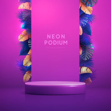 Floresan neon arka planda 3D podyum ve tropik yapraklarla. Yaz doğası kavramı. Vektör illüstrasyonu