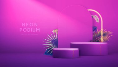 Floresan neon arka planda 3D podyum ve tropik yapraklarla. Yaz doğası kavramı. Vektör illüstrasyonu