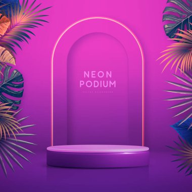 Floresan neon arka planda 3D podyum ve tropik yapraklarla. Yaz doğası kavramı. Vektör illüstrasyonu