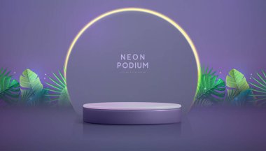 Arka planda 3D podyum ve yeşil tropik yapraklar var. Yaz doğası kavramı. Vektör illüstrasyonu