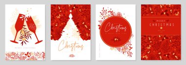 Noel tebrik kartı seti ya da Noel çiçekleriyle dolu kapaklar. Vektör illüstrasyonu