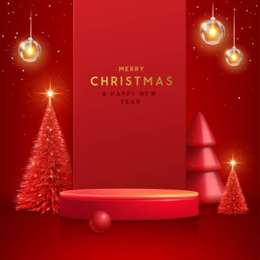 Holiday Christmas showcase red background with 3d podium and Christmas tree. Abstract minimal scene. Vector illustration clipart