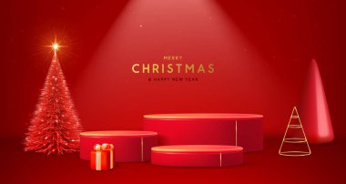 Noel gösterisi, 3 boyutlu podyumlar, Noel ağacı ve hediye kutusu olan kırmızı arka plan. Soyut asgari sahne. Vektör illüstrasyonu