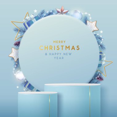 Noel gösterisi, 3D podyum ve Noel süslemesiyle mavi arka plan. Soyut asgari sahne. Vektör illüstrasyonu