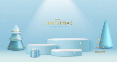 Noel gösterisi, 3 boyutlu podyumlar, Noel ağacı ve hediye kutusu olan mavi arka plan. Soyut asgari sahne. Vektör illüstrasyonu