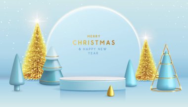 Noel gösterisi mavi arka plan, 3D podyumlar, Noel ağacı ve neon kemer. Soyut asgari sahne. Vektör illüstrasyonu