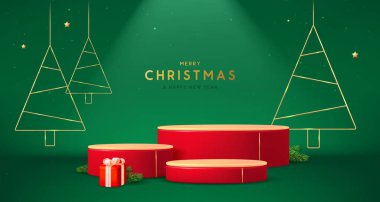 Noel gösterisi yeşil arka plan, 3D podyumlar, Noel ağacı ve hediye kutusu. Soyut asgari sahne. Vektör illüstrasyonu