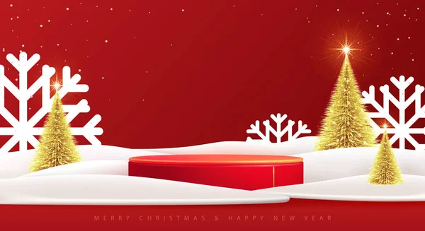 Vakantie Kerst Vitrine Rode Achtergrond Met Podium Kerstboom Een Abstracte — Stockvector
