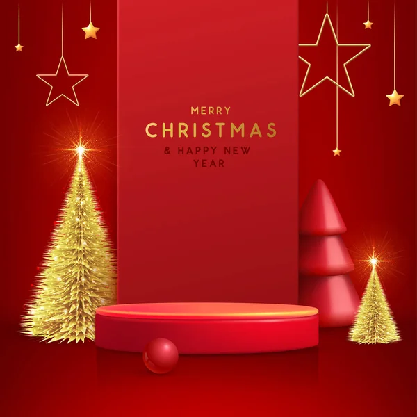 Noel Gösterisi Kırmızı Zemin Podyum Noel Ağacı Soyut Asgari Sahne — Stok Vektör