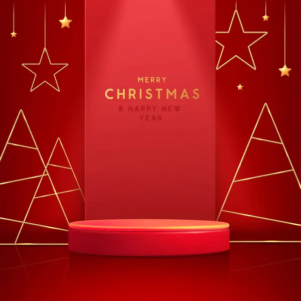 Noel Gösterisi Kırmızı Zemin Podyum Noel Ağacı Soyut Asgari Sahne — Stok Vektör
