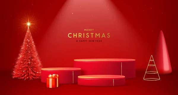 Vitrine Noël Vacances Fond Rouge Avec Podiums Arbre Noël Boîte — Image vectorielle