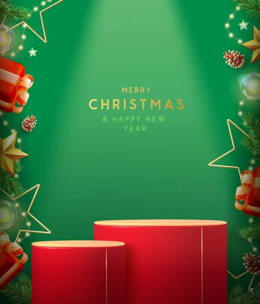 Vacanza Natale Vetrina Sfondo Verde Con Podio Rosso Decorazione Natalizia — Vettoriale Stock