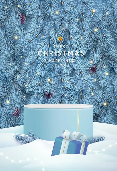Holiday Christmas Showcase Blue Sparkle Background Podium Gift Box Christmas — Stock Vector