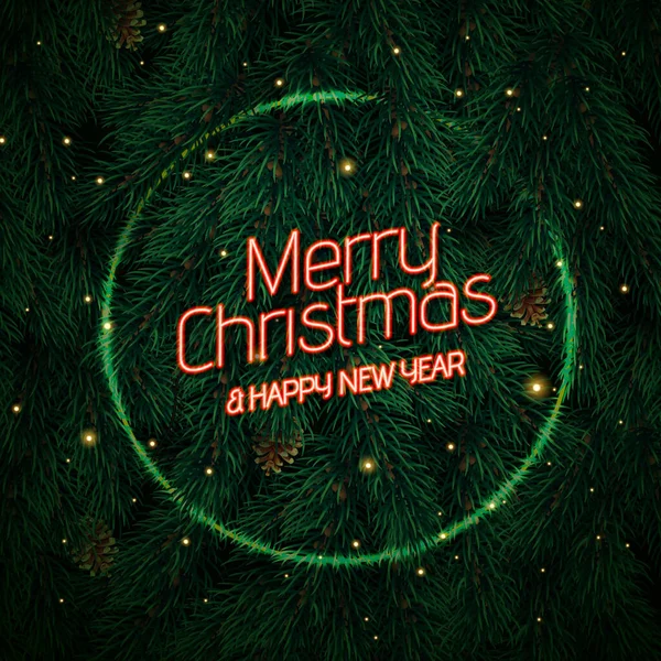 Merry Christmas Happy New Year Neon Sign Christmas Tree Background — Stock Vector