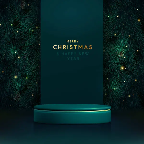 圣诞假期展示绿色闪光背景与3D讲台和翡翠圣诞树质感 抽象最小场景 矢量说明 — 图库矢量图片