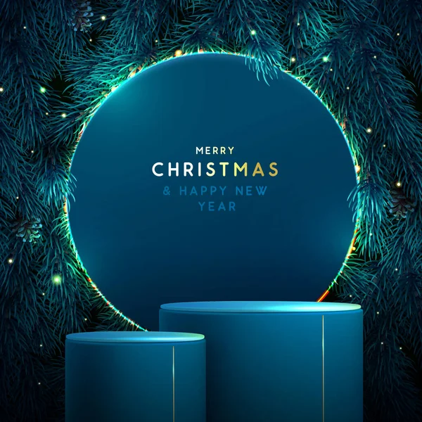 Holiday Christmas Showcase Blue Sparkle Background Podium Christmas Tree Texture — Stock Vector