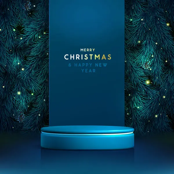 Noel Gösterisi Boyutlu Podyum Noel Ağacı Desenli Mavi Parlak Arka — Stok Vektör