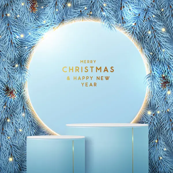 Noel Gösterisi Boyutlu Podyum Noel Ağacı Desenli Işıltılı Arka Plan — Stok Vektör
