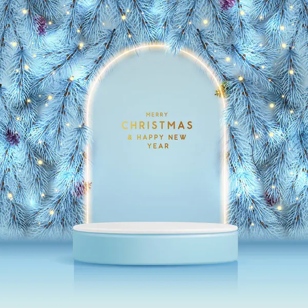 Holiday Christmas Showcase White Sparkle Background Podium Christmas Tree Texture — Stock Vector