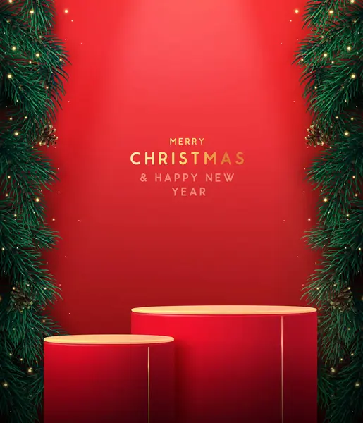 Fond Vitrine Noël Vacances Avec Podium Rouge Texture Arbre Noël — Image vectorielle
