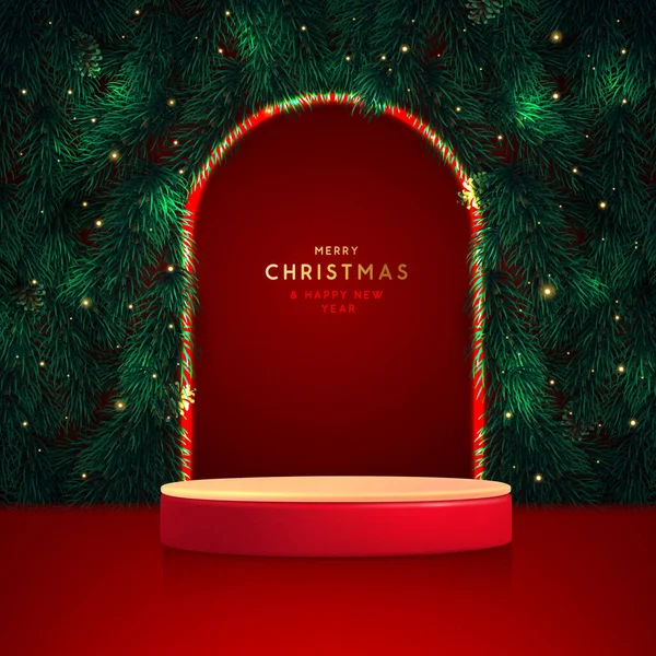 Fond Vitrine Noël Vacances Avec Podium Rouge Texture Arbre Noël — Image vectorielle