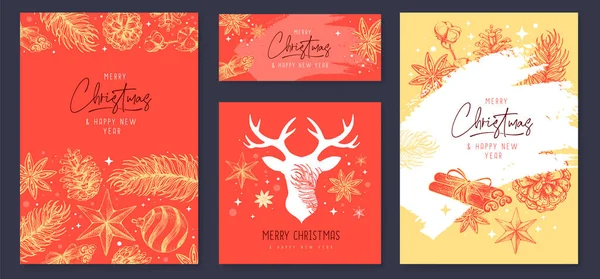 Conjunto Cartões Boas Vindas Natal Capas Com Desoração Floral Ilustração — Vetor de Stock
