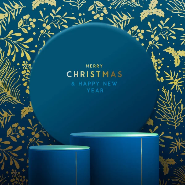 Boyutlu Podyum Noel Çiçekli Noel Süslemeleri Olan Noel Gösterisi Mavi — Stok Vektör