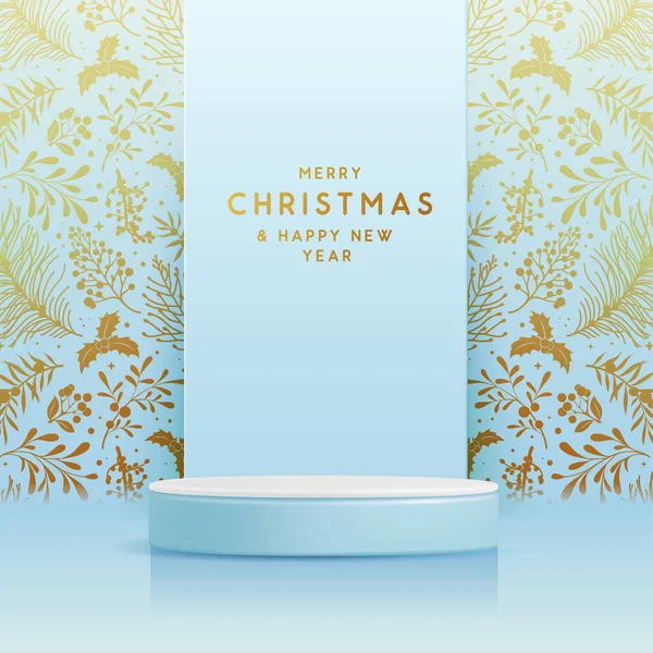 Weihnachten Schaufenster Blauer Hintergrund Mit Podium Und Weihnachten Blumenschmuck Neujahrsplakat — Stockvektor