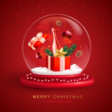 Üç boyutlu şampanya şişeli Noel kar küresi, Noel ağacı dalı, çam kozalağı, yıldız ve hediye kutusu. Vektör illüstrasyonu