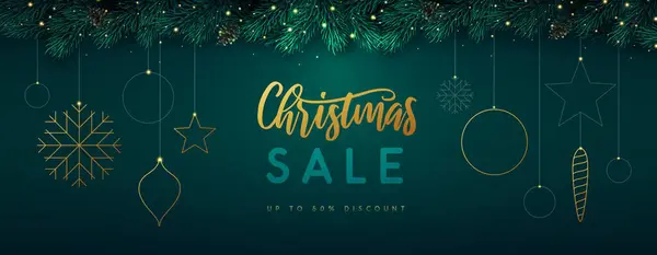 Christmas Holiday Sale Banner Stars Snowflakes Balls Emerald Background Vector — Stock Vector
