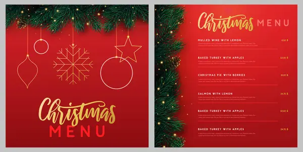 Restaurant Christmas Holiday Menu Design Christmas Floral Garland Red Background — Stock Vector
