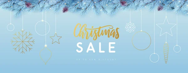 Christmas Holiday Sale Banner Stars Snowflakes Balls Blue Background Vector — Stock Vector