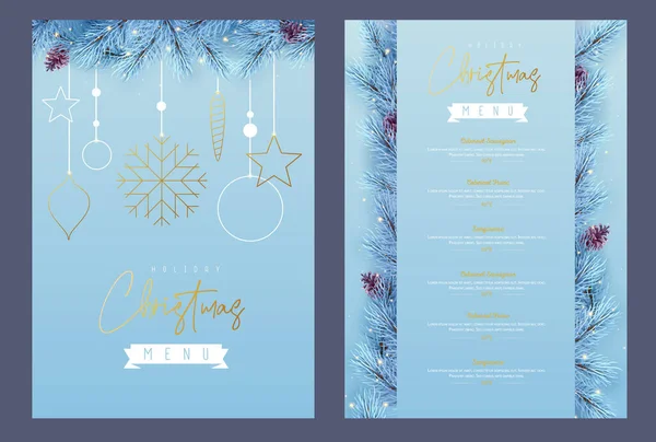 Restaurant Christmas Holiday Menu Design Christmas Floral Garland Blue Background — Stock Vector