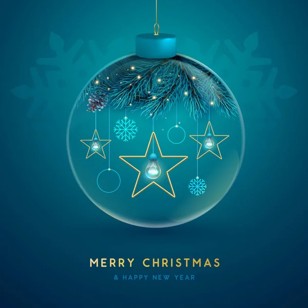 Christmas Glass Ball Christmas Tree Branch Pine Cone Glowing Star — Stock Vector