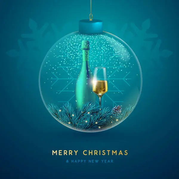 Christmas Glass Ball Christmas Tree Branch Snowdrift Champagne Glass Bottle — Stock Vector