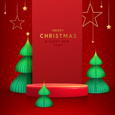 Noel gösterisi kırmızı zemin, 3D podyum ve Noel ağacı. Soyut asgari sahne. Vektör illüstrasyonu