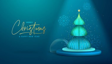 Noel gösterisi, 3 boyutlu podyum ve Noel ağacı olan mavi arka plan. Soyut asgari sahne. Vektör illüstrasyonu