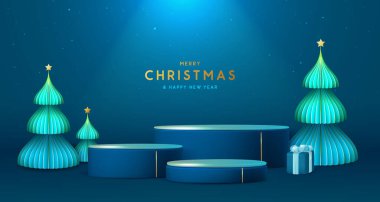 Noel gösterisi, 3 boyutlu podyum ve Noel ağacı olan mavi arka plan. Soyut asgari sahne. Vektör illüstrasyonu