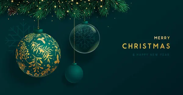 Christmas holiday emerald green background  with glass balls, Christmas tree branch and snowflakes. Christmas greeting card. Vector illustration