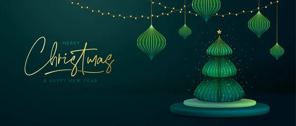 Weihnachten Schaufenster Grünen Hintergrund Mit Podium Und Weihnachtsbaum Abstrakte Minimalszene — Stockvektor